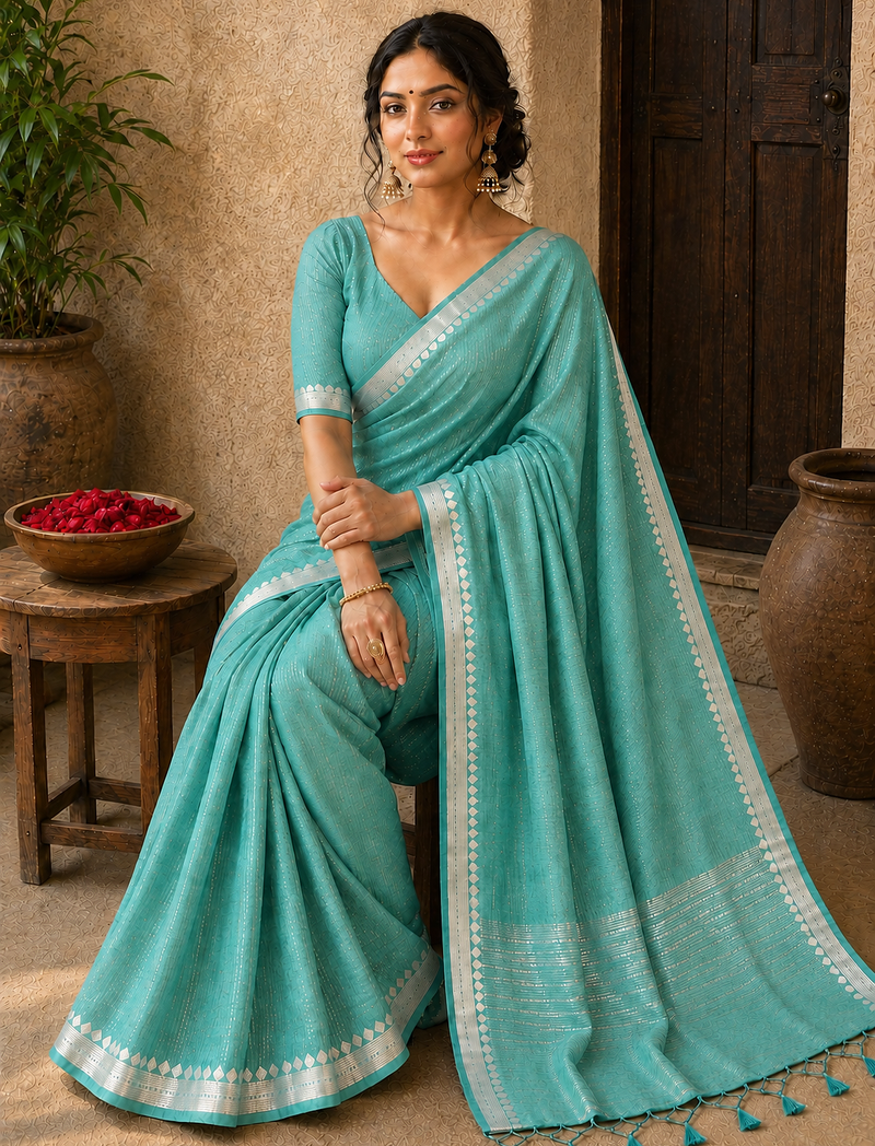 Blue Color Jacquard Weaving Work Georgette Saree