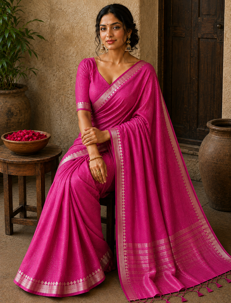 Pink Color Jacquard Weaving Work Georgette Saree
