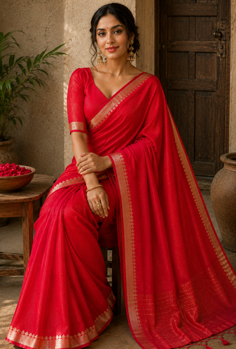 Red Color Jacquard Weaving Work Georgette Saree