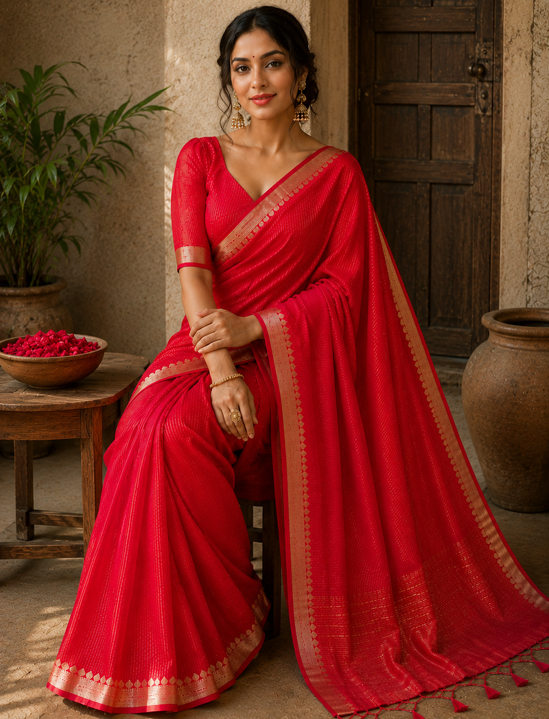 Red Color Jacquard Weaving Work Georgette Saree