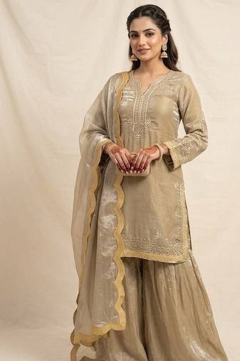 Gold Color Sequence  Embroidery Work Silk blend Salwar Suit