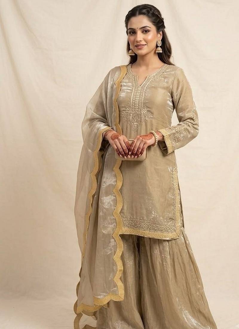 Gold Color Sequence  Embroidery Work Silk blend Salwar Suit