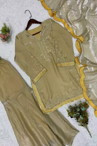 Gold Color Sequence  Embroidery Work Silk blend Salwar Suit