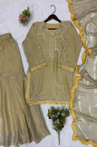 Gold Color Sequence  Embroidery Work Silk blend Salwar Suit