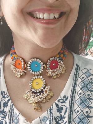  handcrafted multicolour fabric kundan & pearl coin choker set 1
