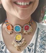  handcrafted multicolour fabric kundan & pearl coin choker set