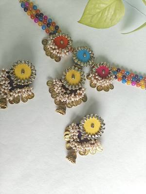  handcrafted multicolour fabric kundan & pearl coin choker set 4