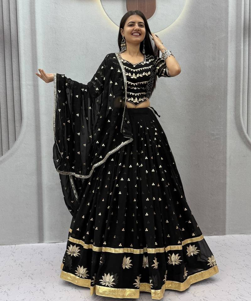 Black Embroidery Sequins work Faux Georgette Navratri Lahenga Choli Set