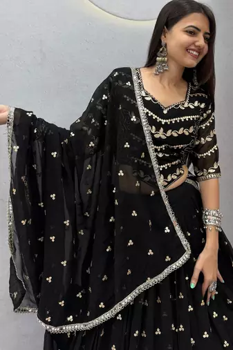 Black Embroidery Sequins work Faux Georgette Navratri Lahenga Choli Set
