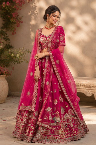rani pink color Multi Thread and Dori and Sequins work silk blend Lehenga Choli set