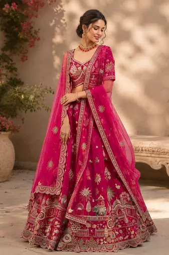 rani pink color Multi Thread and Dori and Sequins work silk blend Lehenga Choli set