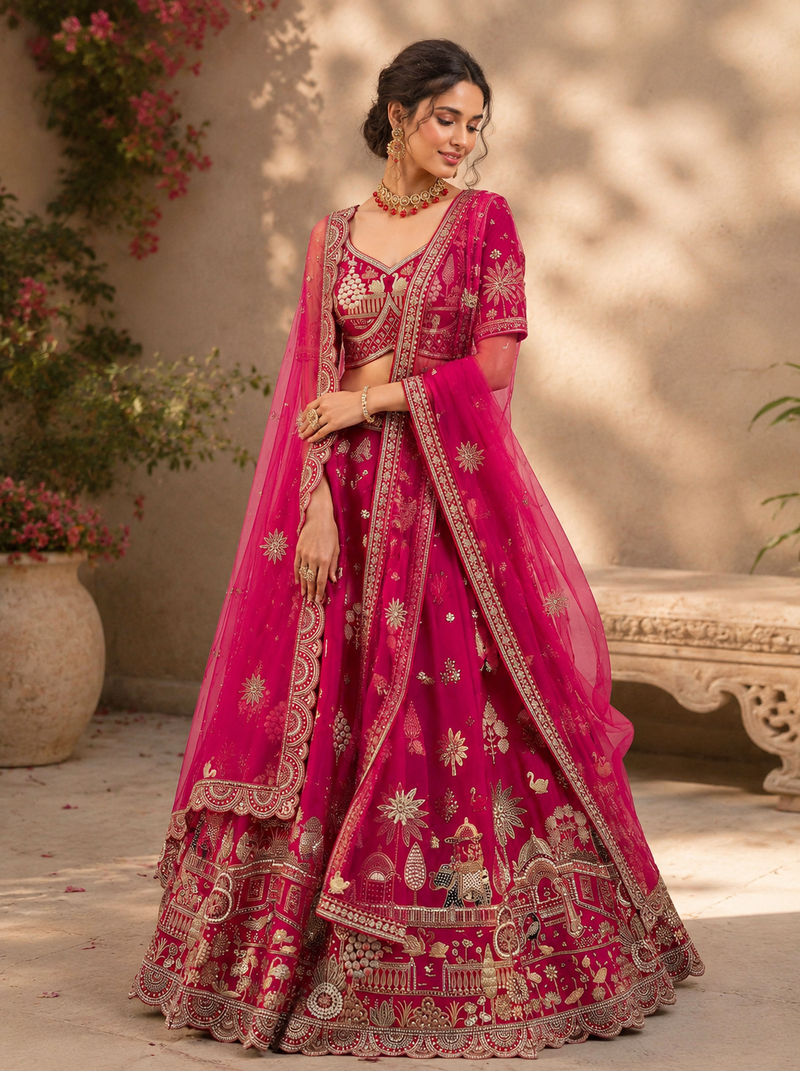 rani pink color Multi Thread and Dori and Sequins work silk blend Lehenga Choli set