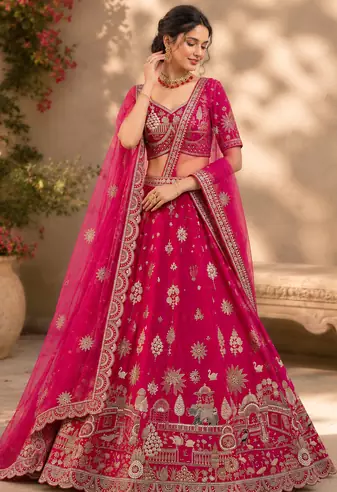 rani pink color Multi Thread and Dori and Sequins work silk blend Lehenga Choli set