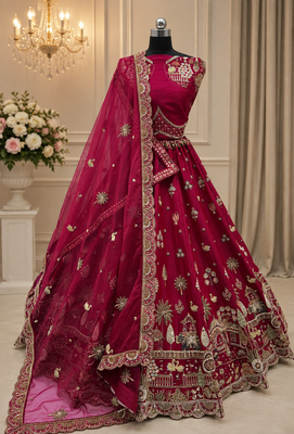 rani pink color Multi Thread and Dori and Sequins work silk blend Lehenga Choli set 3