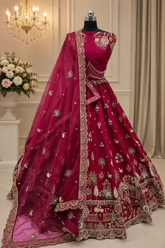 rani pink color Multi Thread and Dori and Sequins work silk blend Lehenga Choli set