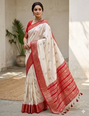 Off White Color Jacquard Weaving Silk Blend Saree 1