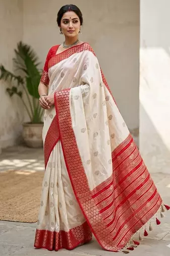 Off White Color Jacquard Weaving Silk Blend Saree