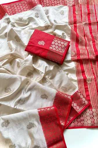 Off White Color Jacquard Weaving Silk Blend Saree