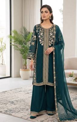 Teal Color Sequence  Embroidery Work Silk blend Salwar Suit 1