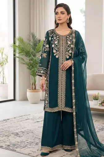 Teal Color Sequence  Embroidery Work Silk blend Salwar Suit