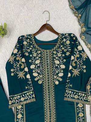 Teal Color Sequence  Embroidery Work Silk blend Salwar Suit 2