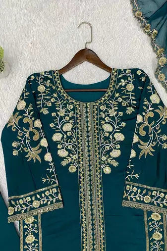 Teal Color Sequence  Embroidery Work Silk blend Salwar Suit