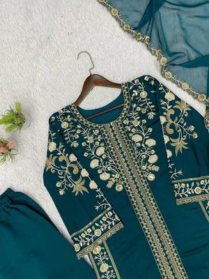 Teal Color Sequence  Embroidery Work Silk blend Salwar Suit 3