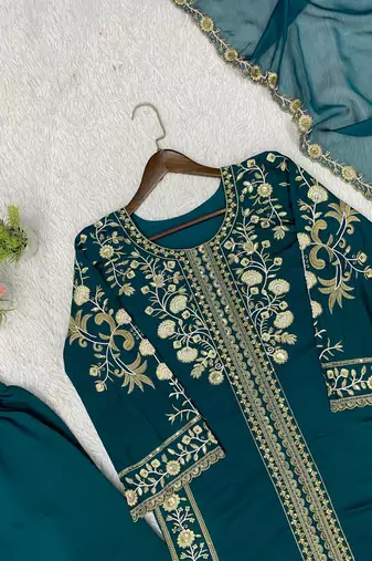 Teal Color Sequence  Embroidery Work Silk blend Salwar Suit