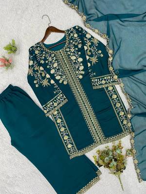 Teal Color Sequence  Embroidery Work Silk blend Salwar Suit 4