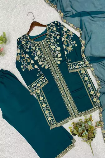 Teal Color Sequence  Embroidery Work Silk blend Salwar Suit