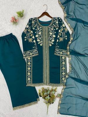 Teal Color Sequence  Embroidery Work Silk blend Salwar Suit 5