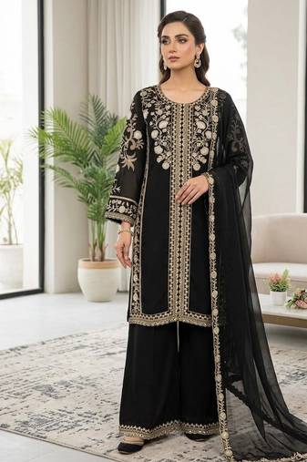Black Color Sequence  Embroidery Work Silk blend Salwar Suit