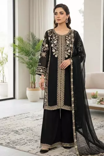 Black Color Sequence  Embroidery Work Silk blend Salwar Suit