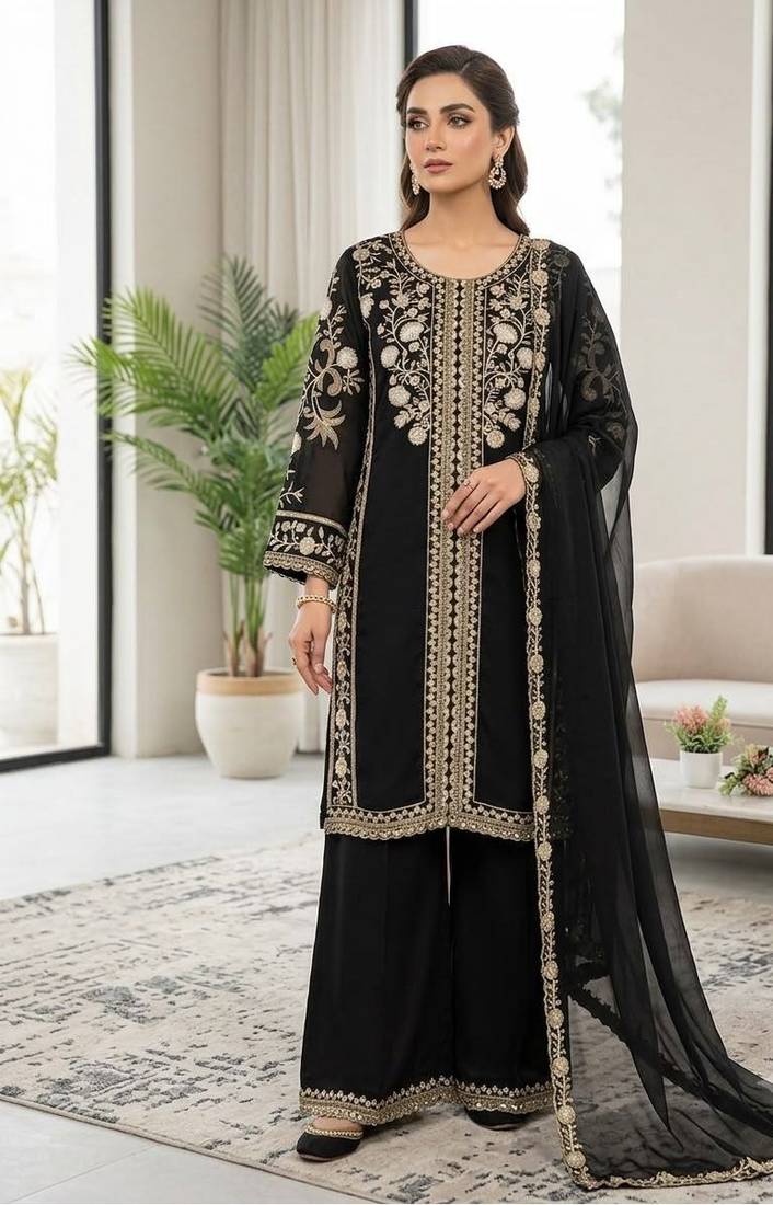 Black Color Sequence  Embroidery Work Silk blend Salwar Suit