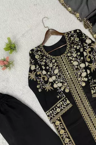 Black Color Sequence  Embroidery Work Silk blend Salwar Suit