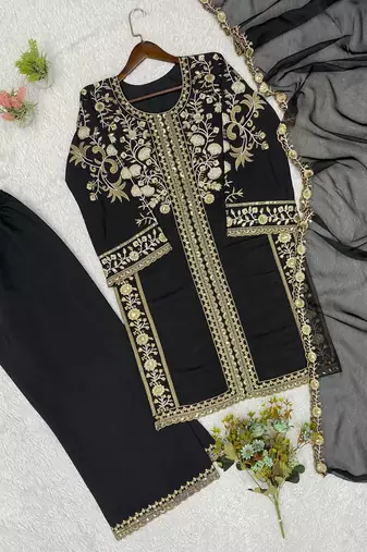 Black Color Sequence  Embroidery Work Silk blend Salwar Suit