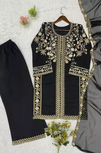 Black Color Sequence  Embroidery Work Silk blend Salwar Suit
