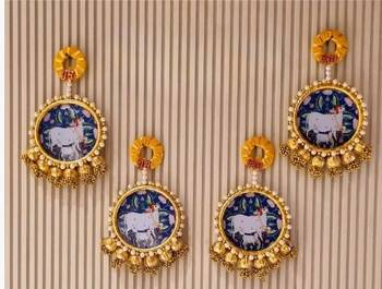 handmade cow shubh labh beads border door hanging with golden bells traditional festive home wall hanging (pack of 2) 1