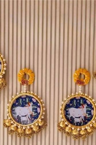 handmade cow shubh labh beads border door hanging with golden bells traditional festive home wall hanging (pack of 2)
