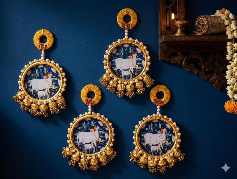 handmade cow shubh labh beads border door hanging with golden bells traditional festive home wall hanging (pack of 2)