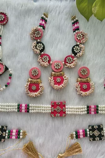  handcrafted rani pink & green fabric kundan pearl bridal combo set