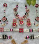  handcrafted rani pink & green fabric kundan pearl bridal combo set