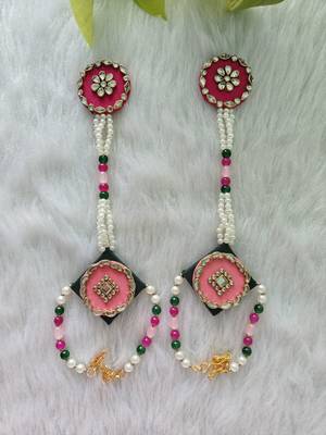  handcrafted rani pink & green fabric kundan pearl bridal combo set 2