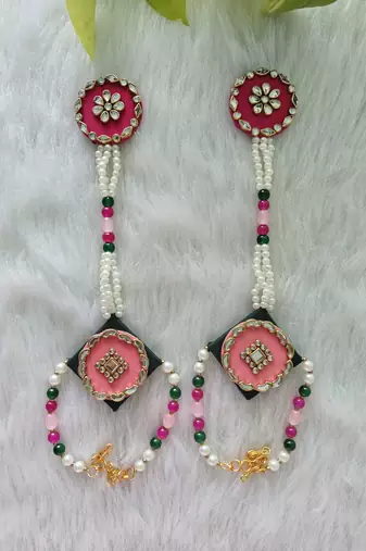  handcrafted rani pink & green fabric kundan pearl bridal combo set