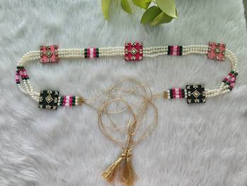  handcrafted rani pink & green fabric kundan pearl bridal combo set 3