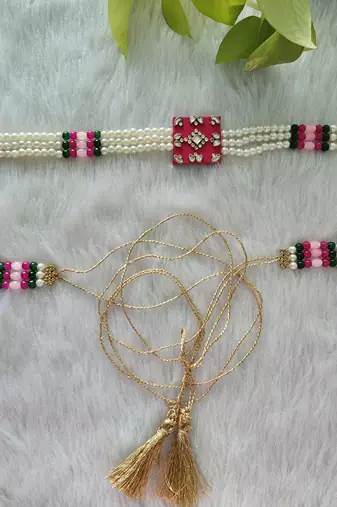  handcrafted rani pink & green fabric kundan pearl bridal combo set