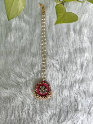  handcrafted rani pink & green fabric kundan pearl bridal combo set 4