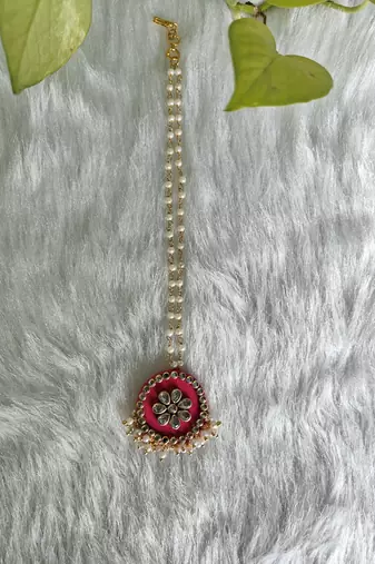  handcrafted rani pink & green fabric kundan pearl bridal combo set
