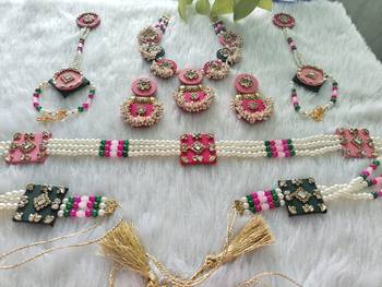  handcrafted rani pink & green fabric kundan pearl bridal combo set 5