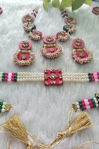  handcrafted rani pink & green fabric kundan pearl bridal combo set